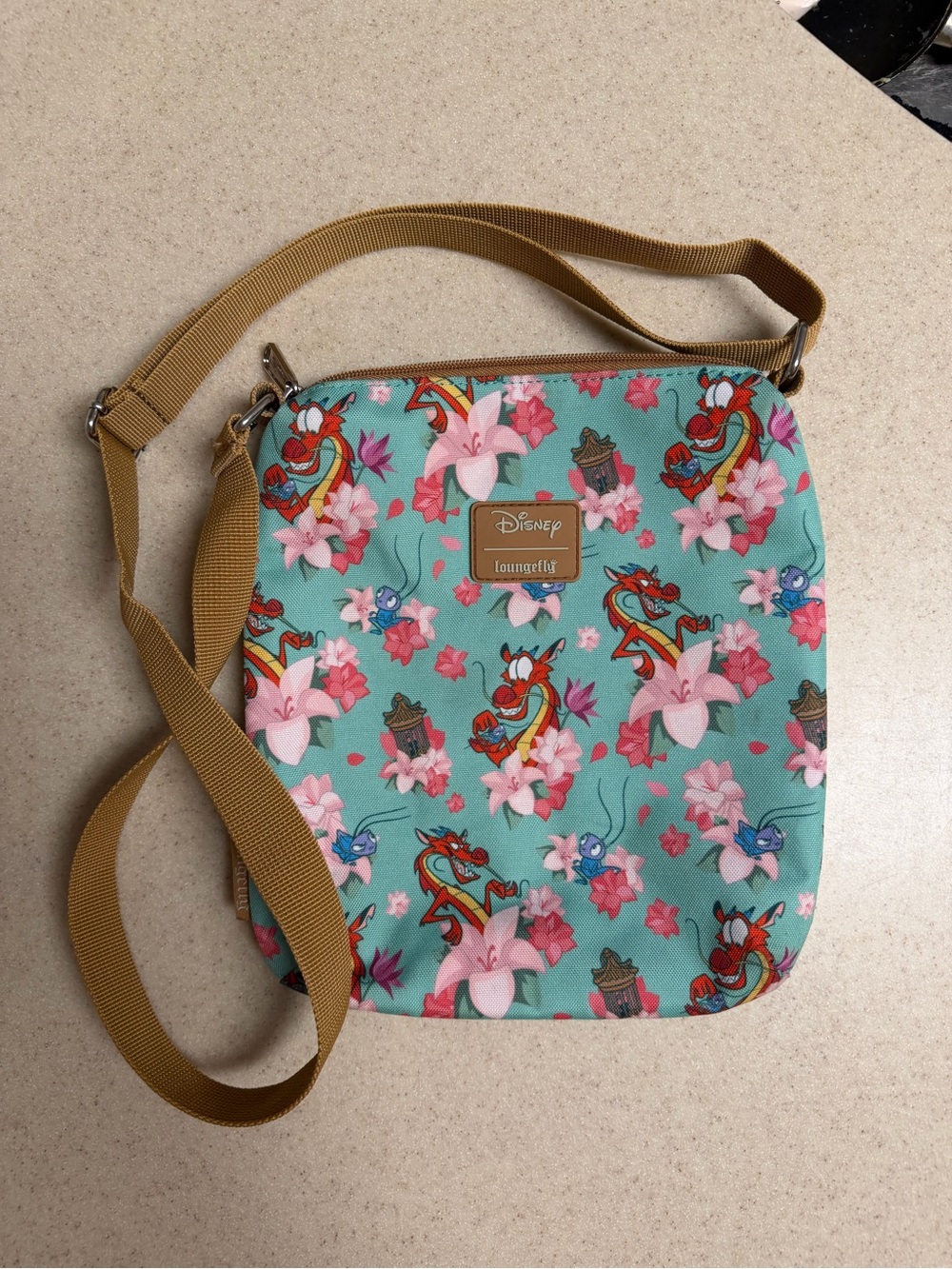 Loungefly Teal Floral Mushu Crossbody Bag with Tan Strap